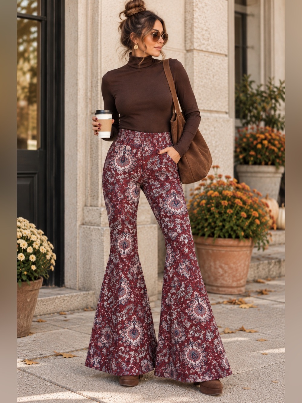 Women's Burgundy Jacquard Printed Flare Pants Anthropologie size 8 tapestry look